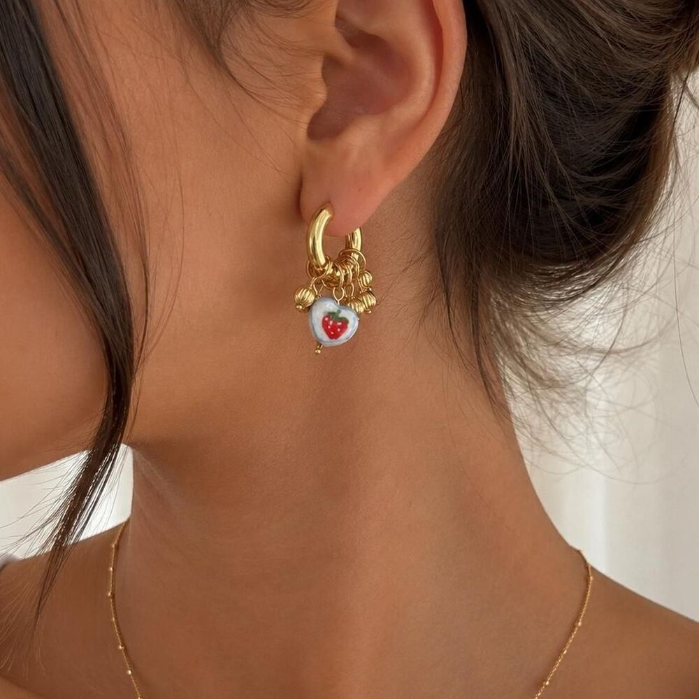 strawberry charm hoop earrings D59 - Picture 2 of 7